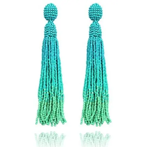 Turquoise Long Beaded Tassel Drop Dangle Fringe Bohemian Stud Earrings for Women Girls Turquoise Long Beaded Tassel Drop Dangle Fringe Bohemian Stud Earrings for Women Girls