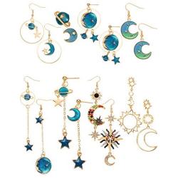 8 Pairs Moon Star Earth Planet Earrings Asymmetrical Vintage Bohemian Earrings Dangle Pendant Earrings Drop Hook Earrings Jewelry for Women
