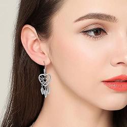 S925 Sterling Silver Dream Catcher Feather Forever Love Heart Earrings Gift for Women Girls