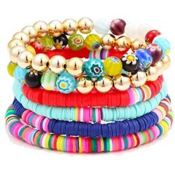 Colorful Beaded Bracelet for Women Men Heishi Surfer Bracelet Metallic Gold Beads Stretch Bracelet Assorted Stacked Layered Strand Bracelet Set