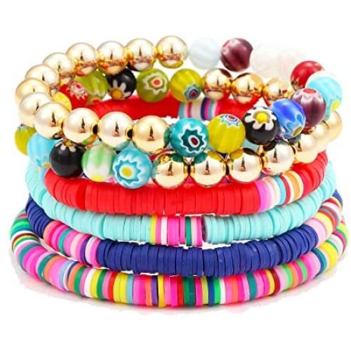 Colorful Beaded Bracelet for Women Men Heishi Surfer Bracelet Metallic Gold Beads Stretch Bracelet Assorted Stacked Layered Strand Bracelet Set