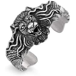 ROWIN&CO Heavy Mens Stainless Steel Biker Skull/Lion Cuff Open Bangle Bracelet Personalized Gifts for Father Son Teen, Silver Black