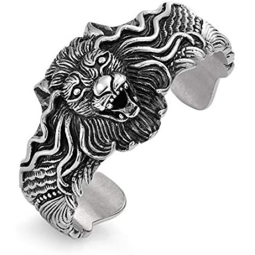 ROWIN&CO Heavy Mens Stainless Steel Biker Skull/Lion Cuff Open Bangle Bracelet Personalized Gifts for Father Son Teen, Silver Black