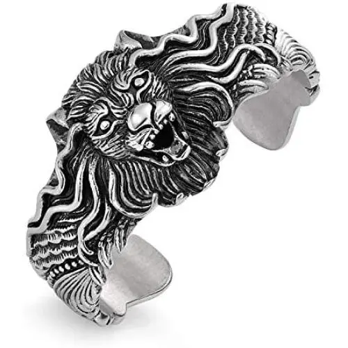 ROWIN&CO Heavy Mens Stainless Steel Biker Skull/Lion Cuff Open Bangle Bracelet Personalized Gifts for Father Son Teen, Silver Black ROWIN&CO Heavy Mens Stainless Steel Biker Skull/Lion Cuff Open Bangle Bracelet Personalized Gifts for Father Son Teen, Silver Black