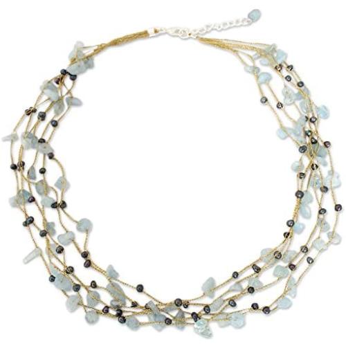 NOVICA Aquamarine Dyed Cultured Freshwater Pearl Sterling Silver Strand Necklace, 21.25'' Afternoon Sigh