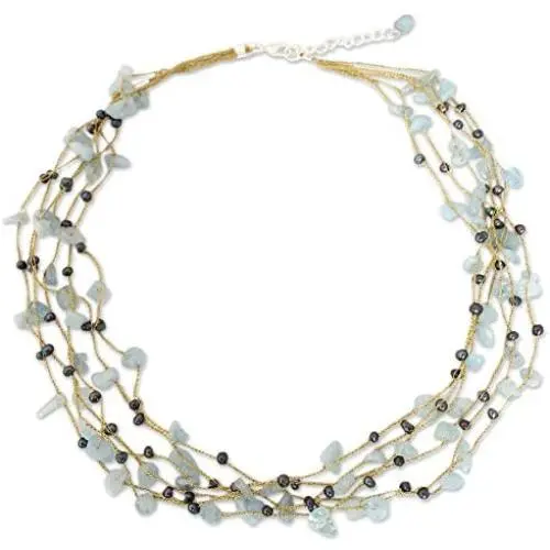 NOVICA Aquamarine Dyed Cultured Freshwater Pearl Sterling Silver Strand Necklace, 21.25'' Afternoon Sigh NOVICA Aquamarine Dyed Cultured Freshwater Pearl Sterling Silver Strand Necklace, 21.25'' Afternoon Sigh