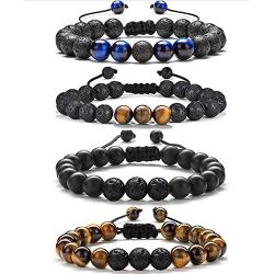 MOZAKA 8mm Tiger Eye & Lava Stone Chakra Bracelet for Men Women Natural Stone Yoga Bead Aromatherapy Essential Oil Diffuser Adjustable Elastic Bracelet Set