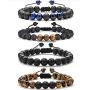 MOZAKA 8mm Tiger Eye & Lava Stone Chakra Bracelet for Men Women Natural Stone Yoga Bead Aromatherapy Essential Oil Diffuser Adjustable Elastic Bracelet Set