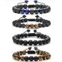 MOZAKA 8mm Tiger Eye & Lava Stone Chakra Bracelet for Men Women Natural Stone Yoga Bead Aromatherapy Essential Oil Diffuser Adjustable Elastic Bracelet Set