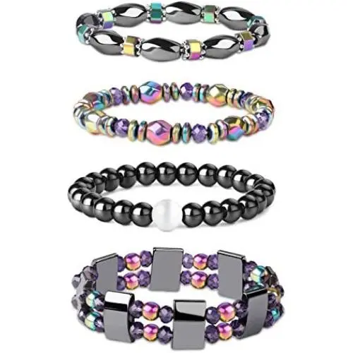 Jstyle 4Pcs Hematite Bead Bracelet for Men Women 8mm Stone Beads Bracelet Elastic Natural Stone Bracelet Bangle