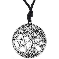 HAQUIL Wiccan Necklace - Metal Alloy, Tree of Life Pentagram Pendant - Waxed Cotton Cord, Adjustable Length 35.4''