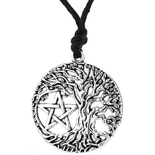 HAQUIL Wiccan Necklace - Metal Alloy, Tree of Life Pentagram Pendant - Waxed Cotton Cord, Adjustable Length 35.4''