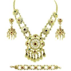 Siwalai Thai Traditional Gold Plated Multicolor Crystals Necklace Earrings Bracelet Jewelry Set 18 Inches