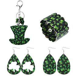 St.Patricks Day Jewelry Set for Women Shamrock Clover Print Faux Leather Earrings for Women Irish Green Bracelet Hat Shaped Keychain Holiday Jewelry