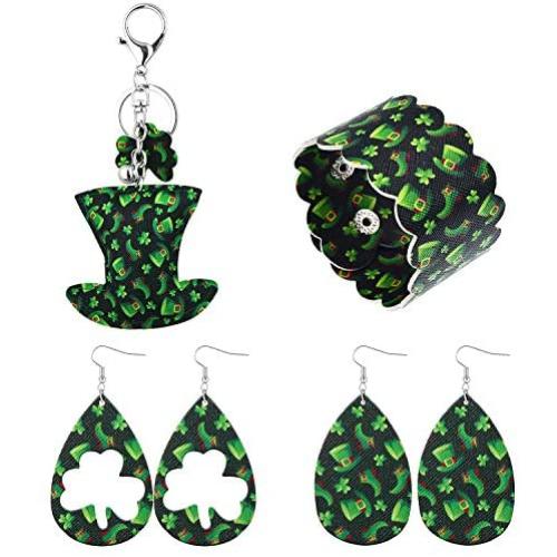 St.Patricks Day Jewelry Set for Women Shamrock Clover Print Faux Leather Earrings for Women Irish Green Bracelet Hat Shaped Keychain Holiday Jewelry