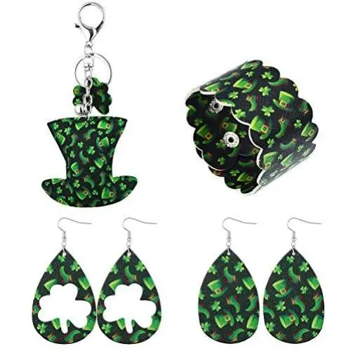 St.Patricks Day Jewelry Set for Women Shamrock Clover Print Faux Leather Earrings for Women Irish Green Bracelet Hat Shaped Keychain Holiday Jewelry St.Patricks Day Jewelry Set for Women Shamrock Clover Print Faux Leather Earrings for Women Irish Green Bracelet Hat Shaped Keychain Holiday Jewelry
