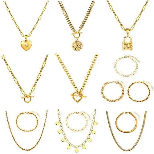 ELEARD Gold Chain Necklace Bracelet Set for Women Girls Adjustable Paperclip Link Boho Choker Necklace with Lock Heart Disc Pendant Dainty Chunky Chain Punk Necklaces Jewelry Birthday Party Gifts ELEARD Gold Chain Necklace Bracelet Set for Women Girls Adjustable Paperclip Link Boho Choker Necklace with Lock Heart Disc Pendant Dainty Chunky Chain Punk Necklaces Jewelry Birthday Party Gifts