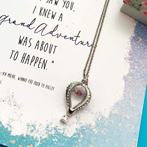 Smiling Wisdom - Hot Air Balloon with Dancing Pink Heart Cute Necklace Jewelry Gift Set - Pooh Quote - A Grand Adventure Was About to Happen Greeting Card - Women Friend Teen Girls - Silver Pink - New