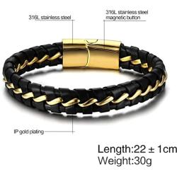 Mgutillart Punk Rock Stainless Steel Magnet Buckle Wristband Leather Bracelet
