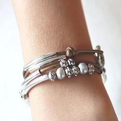 Lizzy James Mini Charmer Metallic Bronze Leather and Silver Plate Wrap Bracelet with Freshwater Pearls
