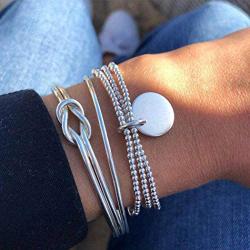 Haloty Boho Layered Knot Bangle Bracelets Silver Dainty Coin Beaded Hand Jewelry for Women and Girls(5Pcs)