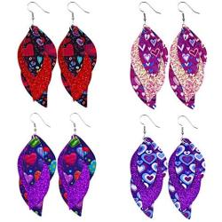 4 Pairs Valentines Day Faux Leather Earrings Set Lightweight Layered Heart Pattern Leaf Teardrop Dangle Earrings Jewelry for Women Teen Girls