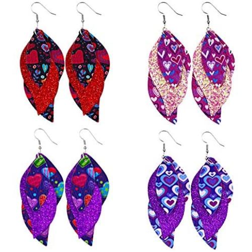 4 Pairs Valentines Day Faux Leather Earrings Set Lightweight Layered Heart Pattern Leaf Teardrop Dangle Earrings Jewelry for Women Teen Girls