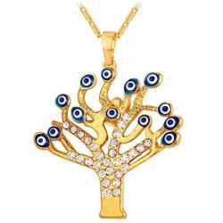 U7 Talisman Jewelry 18K Gold Plated Necklace Blue Enamel Evil Eye Tree of Life Pendant