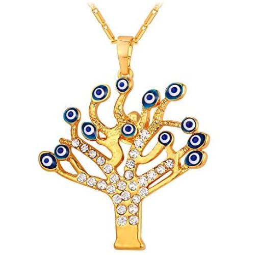 U7 Talisman Jewelry 18K Gold Plated Necklace Blue Enamel Evil Eye Tree of Life Pendant