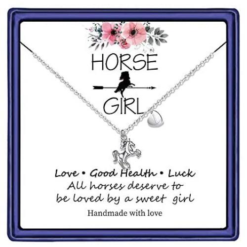 Horse Gifts for Girls, 14K White Gold Plated Heart Initial Horse Necklace Personalized Gifts Dainty Horse Jewelry Horse Necklaces for Girls Women Horse Lovers