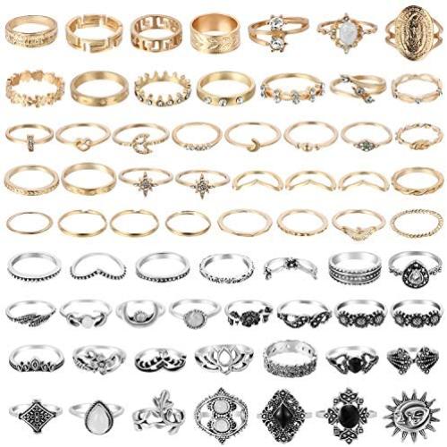 PANTIDE 67Pcs Vintage Knuckle Rings Set Stackable Finger Rings Midi Rings for Women Bohemian Hollow Carved Flowers Gold&Silver Rings Crystal Joint Rings with Storage Bag