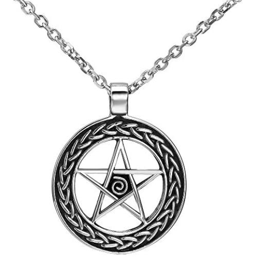 Magical Wiccan Pentagram Pentacle Pendant Stainless Steel Necklace for Men (21-inch chain)