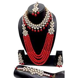 CROWN JEWEL Indian Bridal Pearl 5 pc Combo Jewelry Wedding Gold Necklace Earring Set
