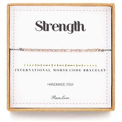 RareLove Strength Morse Code Bracelets Be Strong Inspirational Encouragement Friendship Gift For Women Girls Rose Golden Beads Grey String Bracelet