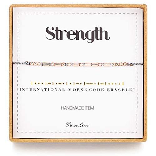 RareLove Strength Morse Code Bracelets Be Strong Inspirational Encouragement Friendship Gift For Women Girls Rose Golden Beads Grey String Bracelet