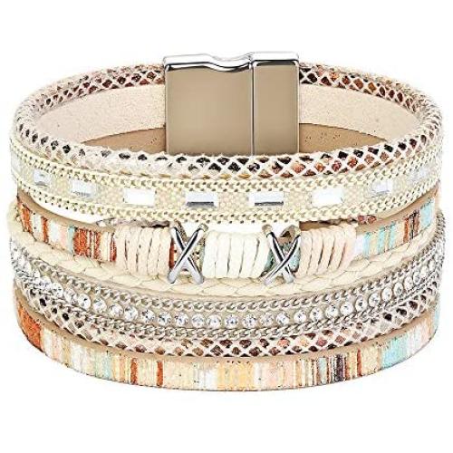 FIBO STEEL Boho Wrap Bracelets for Women Braided Leather Rope Handmade Multi-Layer Cuff Bangle