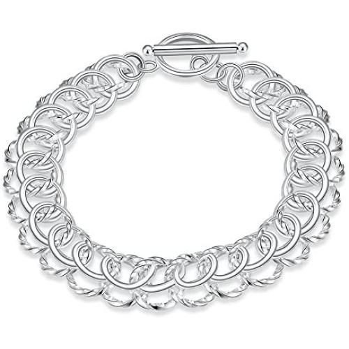 NABTYJC Sterling Silver 2 Layers Twisted Link Chain Bracelet with Diamond Cut and Hight Polish Loops,Toggle Button 8''(21cm)