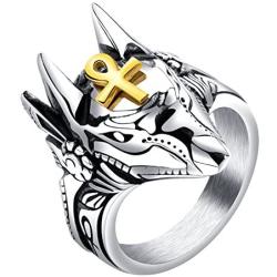 Rinspyre Mens Stainless Steel Egyptian God Anubis Gold Ankh Cross Ring Biker Band