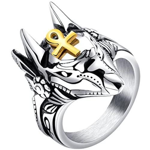 Rinspyre Mens Stainless Steel Egyptian God Anubis Gold Ankh Cross Ring Biker Band