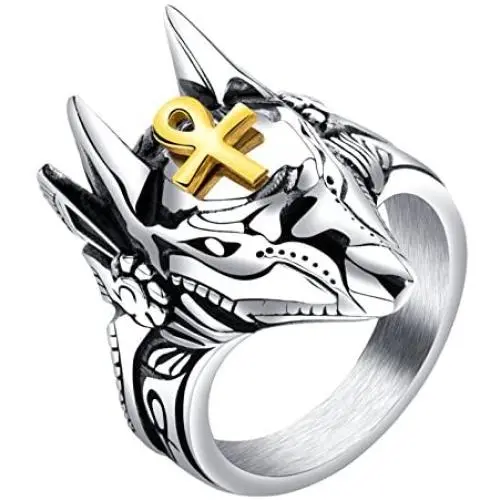 Rinspyre Mens Stainless Steel Egyptian God Anubis Gold Ankh Cross Ring Biker Band Rinspyre Mens Stainless Steel Egyptian God Anubis Gold Ankh Cross Ring Biker Band