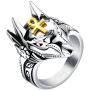 Rinspyre Mens Stainless Steel Egyptian God Anubis Gold Ankh Cross Ring Biker Band