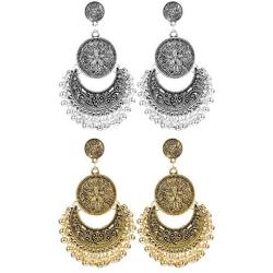 Finrezio 2Pairs Traditional Ethnic Bali Jhumka Jhumki Brocade Lotus Mexico Gypsy Dangle Earrings for Women Girls