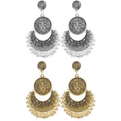 Finrezio 2Pairs Traditional Ethnic Bali Jhumka Jhumki Brocade Lotus Mexico Gypsy Dangle Earrings for Women Girls