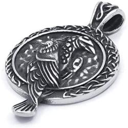 GUNGNEER Viking Raven Necklace for Men Women Odin Cow Jewelry Pagan Wiccan Pendant Stainless Steel Keel Chain Strong Amulet