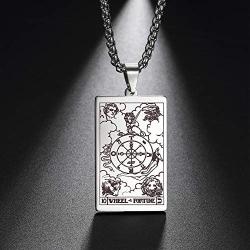 VASSAGO Tarot Stainless Steel X Wheel of Fortune Tarot Card Pendant Laser Engraved Celtic Astrology Divination Magic Amulet Necklace