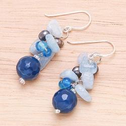 NOVICA Multi-gem Dyed Cultured Freshwater Pearl Sterling Silver Beaded Dangle Earrings, Azure Love