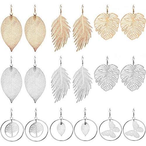 MYYAGEW Double Hollow Leaf Earrings,Bohemian Earrings Set Metal Leaves Drop Dangle Vintage Hook Earrings for Women Girls