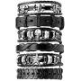 León Jewelry 6PCS Set Handmade Braided Leather Bracelet Unisex Skull Star Wide Cuff Bangle Cosplay Costume Adjustable Biker Wristband Wrap