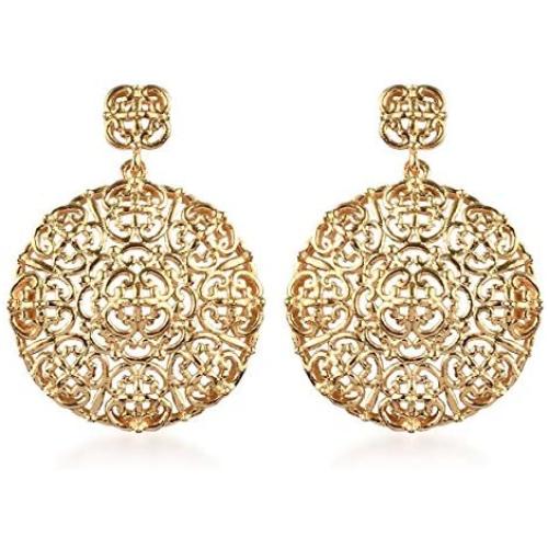 Shop LC Real 18K Yellow Gold Overlay Floral Openwork Filigree Flower Post Dangle Drop Earrings for Women Fashion Prom Jewelry Mothers Day Gifts ION Plated