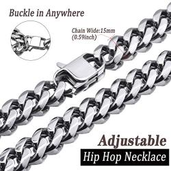 JEWPHX Heavy Miami Cuban Link Chain Necklace Adjustable Choker with Hip Hop Tail,15mm Width,316L Stainless Steel Curb Rapper Necklace,Jewellery Gift for Men&Women